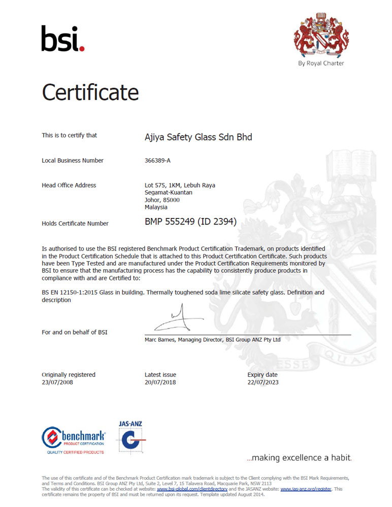 BMP 555249 Certificate and Schedule BS EN 12150 1 2015