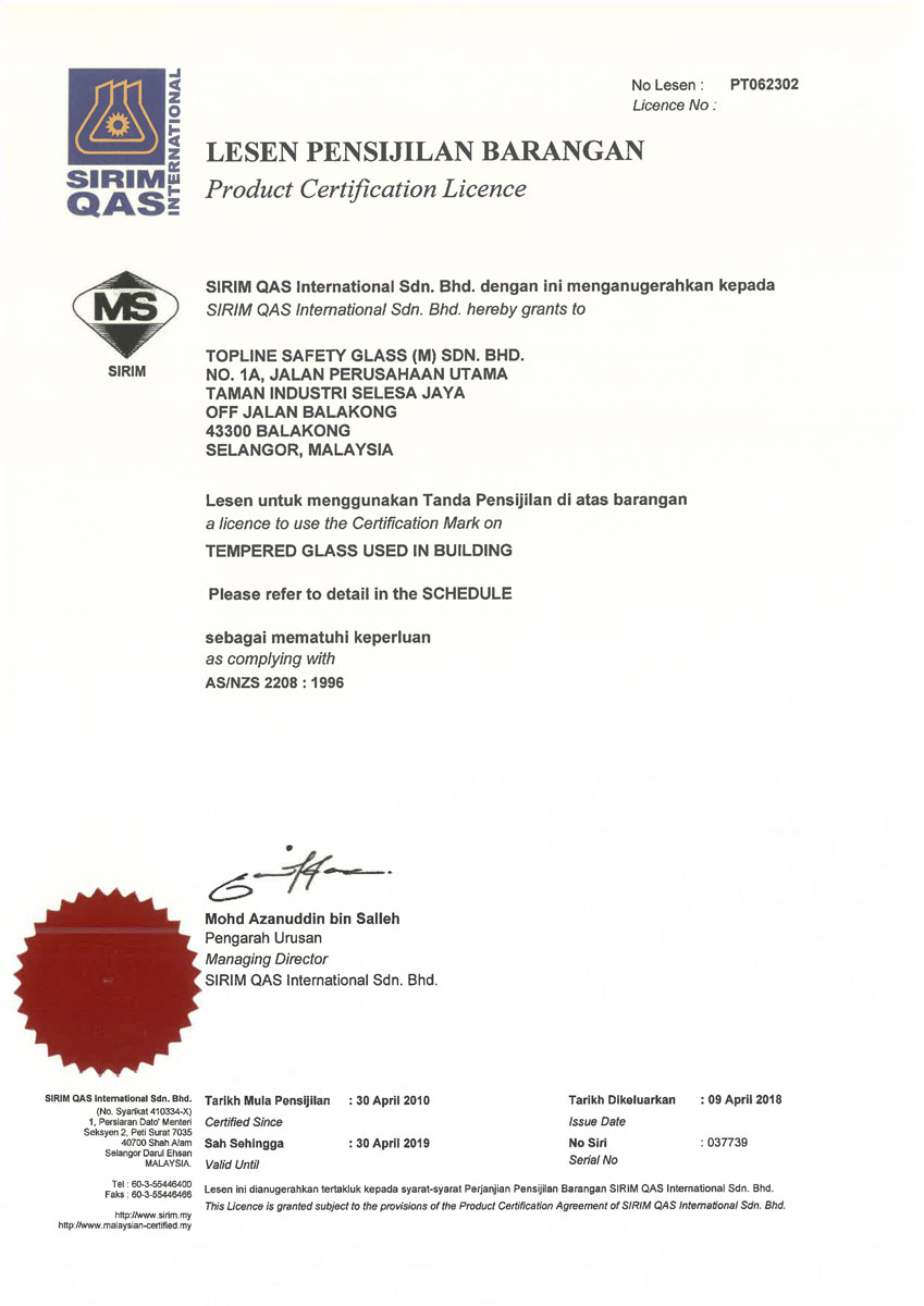 Sirim Product Certificate ASNZS Tempered Apr 2019